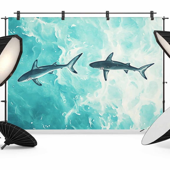 Ocean Shark Backdrop for Photography,Fabric Photo Background Backdrop,Teal Green Wave Summer Beach Coastal Photo Booth Background for Portrait Photoshoot Video Wedding Studio Decoration Banner 7x5ft