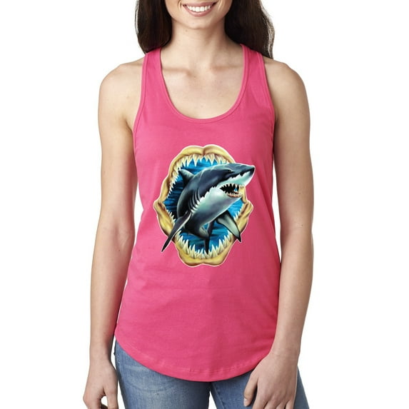 Ocean Shark Big Mouth Ladies Racerback Tank Top, Hot Pink, Medium
