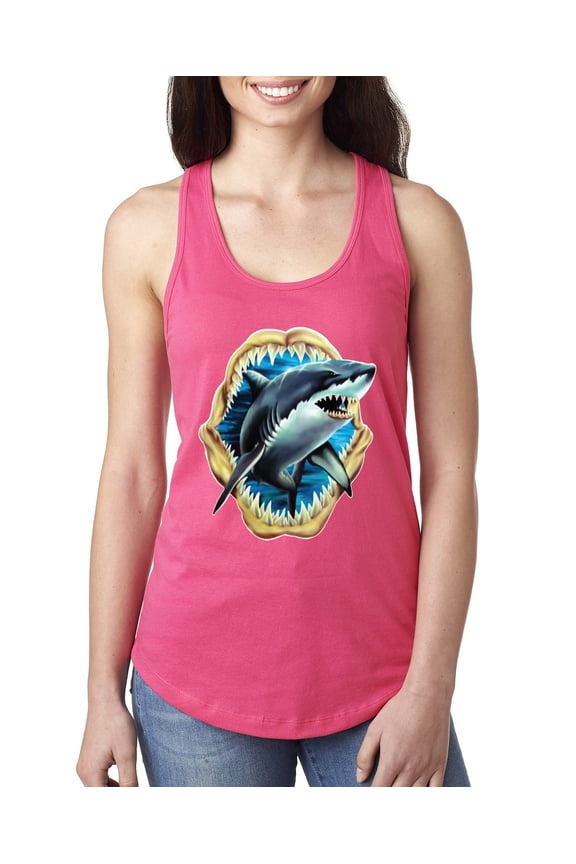 Ocean Shark Big Mouth Ladies Racerback Tank Top, Hot Pink, Small