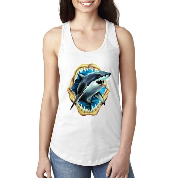 Ocean Shark Big Mouth Ladies Racerback Tank Top, White, X-Large