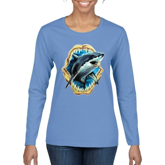 Ocean Shark Big Mouth Womens Graphic Long Sleeve T-Shirt, Light Blue, Medium