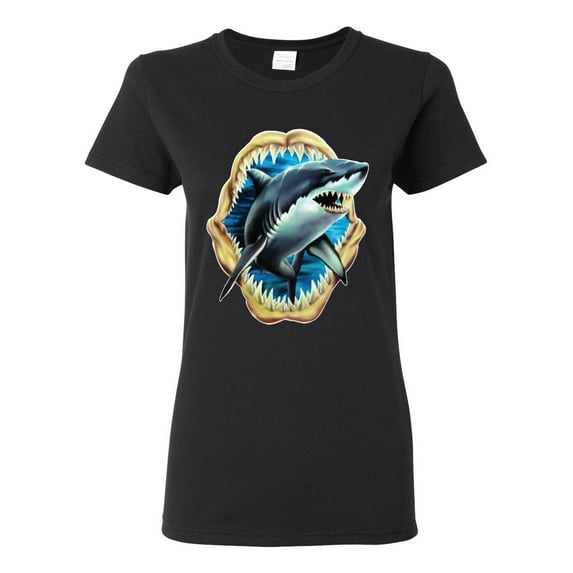 Ocean Shark Big Mouth Womens Graphic T-Shirt, Black, Small
