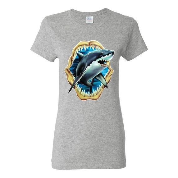 Ocean Shark Big Mouth Womens Graphic T-Shirt, Heather Grey, 2XL