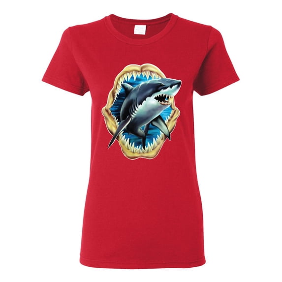 Ocean Shark Big Mouth Womens Graphic T-Shirt, Red, Large