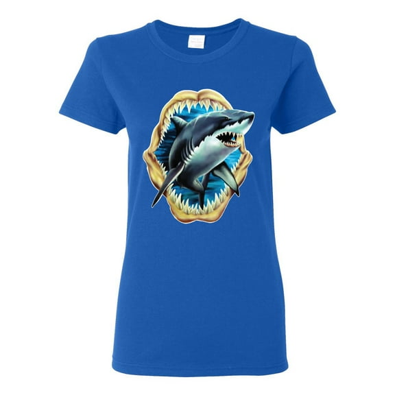 Ocean Shark Big Mouth Womens Graphic T-Shirt, Royal, Large