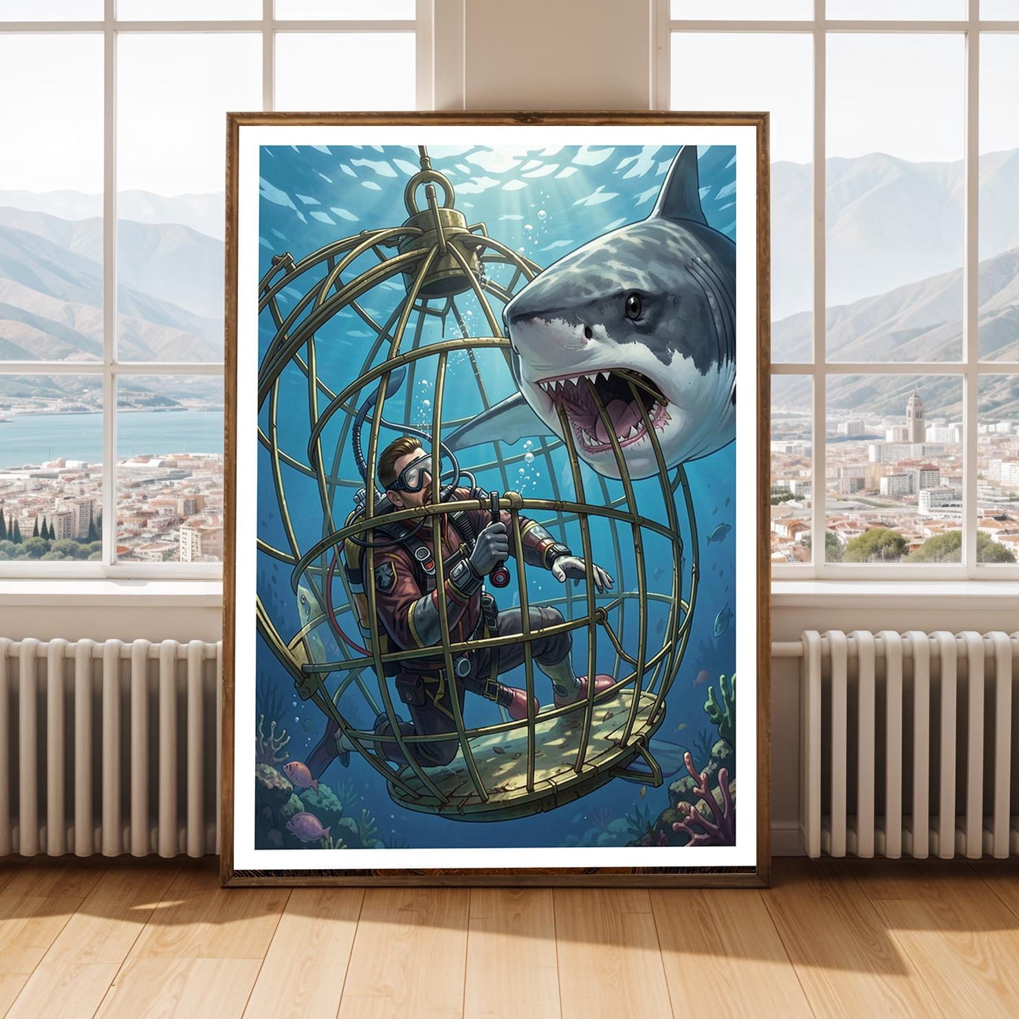 Shark Project Drawings Ocean Shark Cage Diving Underwater Art Poster , Poster Print Only ...