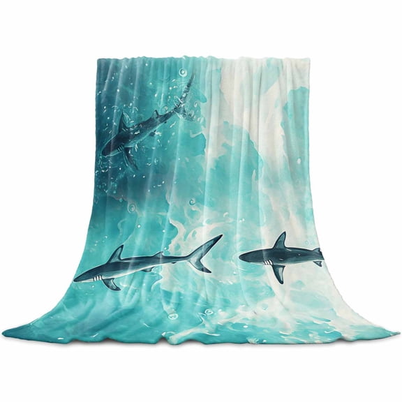 Ocean Shark Flannel Blanket for Bed, Teal Green Wave Summer Beach Coastal Soft Cozy Warm Couch Throw Blanket, Lightweight Fluffy Plush Bedding Blankets for Sofa Decor All Season 50"x60"