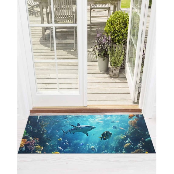 Ocean Shark Front Door Mat Underwater World Coral Fish Summer Fantasy Welcome Doormat Indoor Outdoor Entrance Floor Mat Non-Slip Washable Runner Rug for Front Porch Decor 18x60 Inch