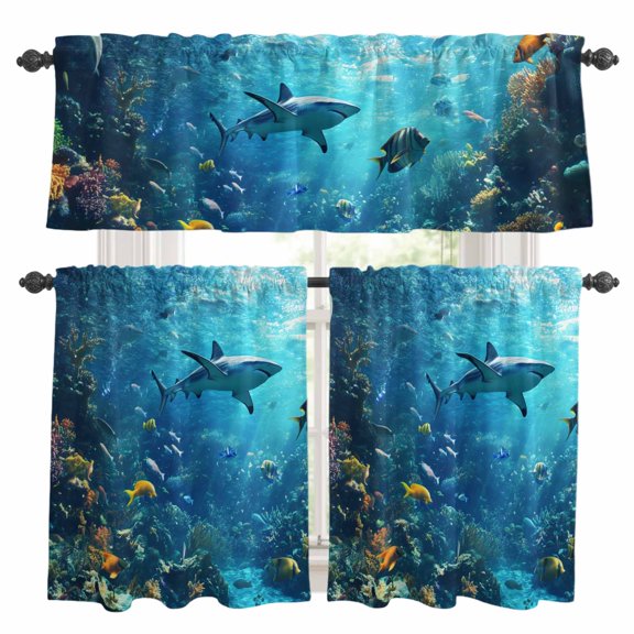Ocean Shark Kitchen Curtains Valances and Tiers Set of 3 Underwater World Coral Fish Tier Curtains and Valance with Rod Pocket for Small Windows, 27.5"x24"