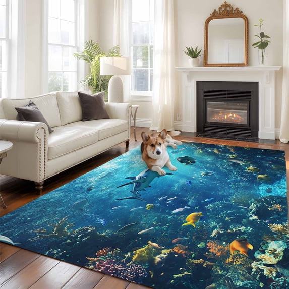 Ocean Shark Large Area Rugs 8x10 ft Underwater World Coral Fish Summer Fantasy Washable Rug Non Slip Indoor Carpet Absorbent Floor Mat for Living Room Bedroom Dining Room