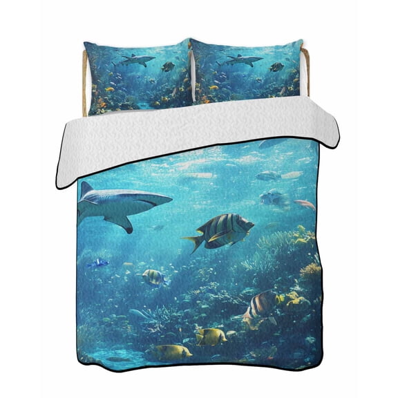Ocean Shark Quilts Bedding Set Twin Size Underwater World Coral Fish Lightweight Quilted Bedspread 3 Piece Bed Quilt with 2 Pillow Shams All Season for Bedroom 68" x 86"
