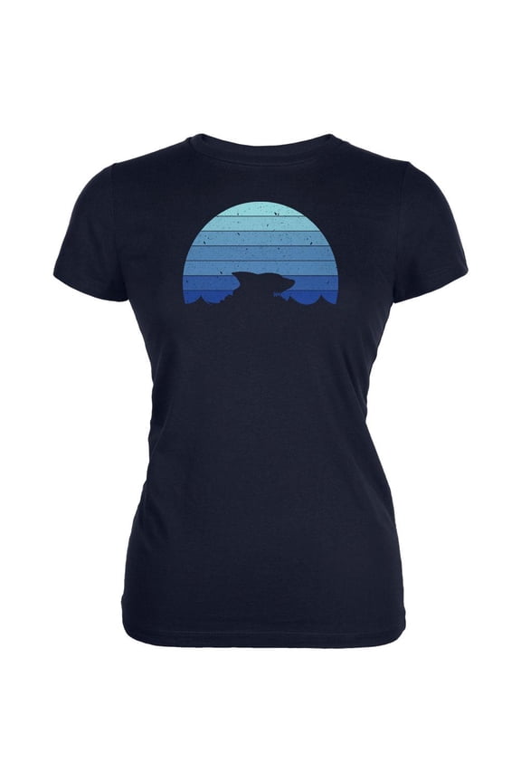 Ocean Shark Retro Sunset Blue Juniors Soft T Shirt Navy LG