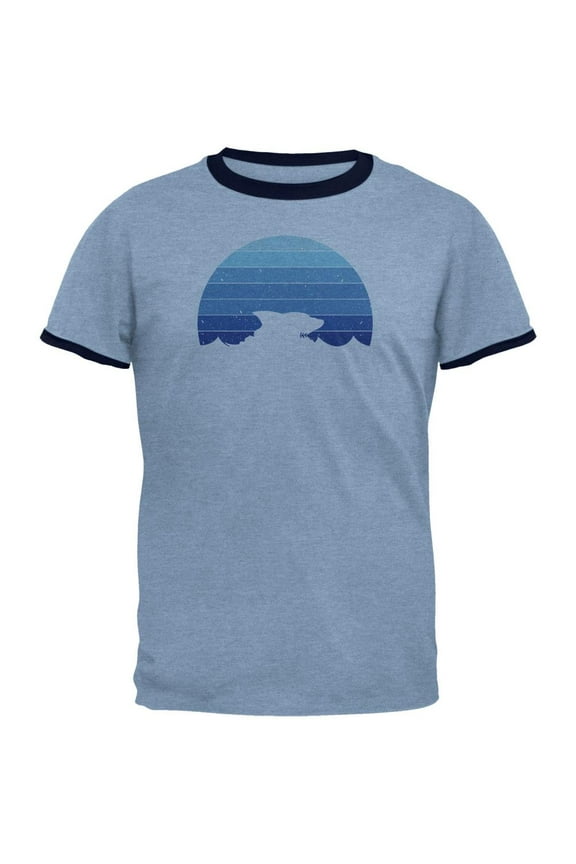 Ocean Shark Retro Sunset Blue Mens Ringer T Shirt Heather Blue-Navy SM