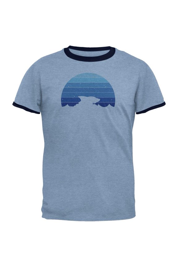 Ocean Shark Retro Sunset Blue Mens Ringer T Shirt Heather Blue-Navy X-LG