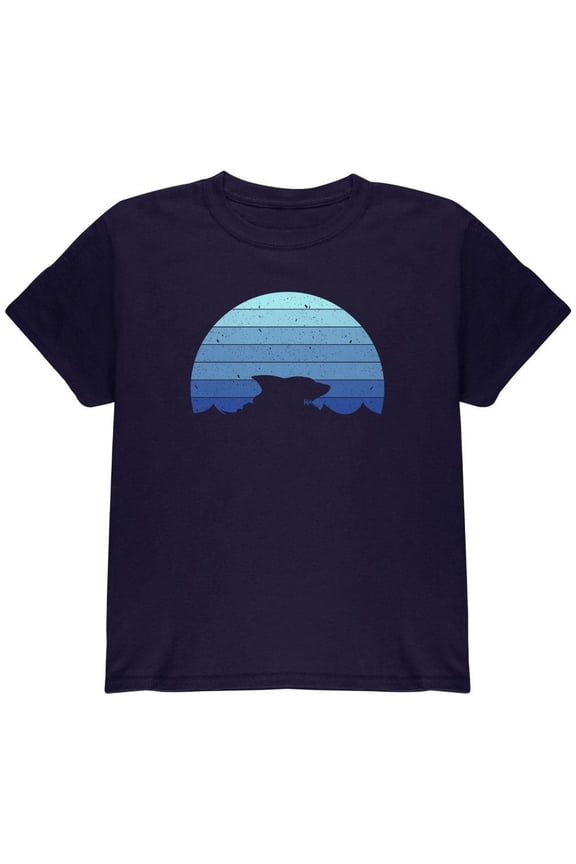 Ocean Shark Retro Sunset Blue Youth T Shirt Navy YXL