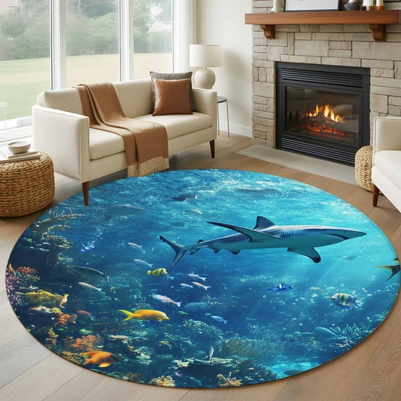 Ocean Shark Round Rugs for Living Room 6ft Underwater World Coral Fish Summer Fantasy Non Slip Circle Rug Washable Low-Profile Indoor Carpet for Bedroom, Dining Room, Bathroom