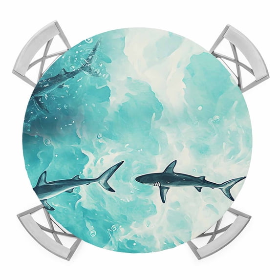 Ocean Shark Round Tablecloth for 36-44 Inch Tables, Fitted Table Cover with Elastic Edge, Teal Green Wave Summer Beach Coastal Waterproof Outdoor Table Cloth Protector for Patio Garden Dinner Picnic