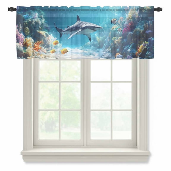 Ocean Shark Semi Sheer Valance Curtains Nautical Watercolor Blue Yellow Sea Fish Coral Voile Valances Curtain Rod Pocket Small Window Treatment for Kitchen Bathroom Cafe 42"x18"