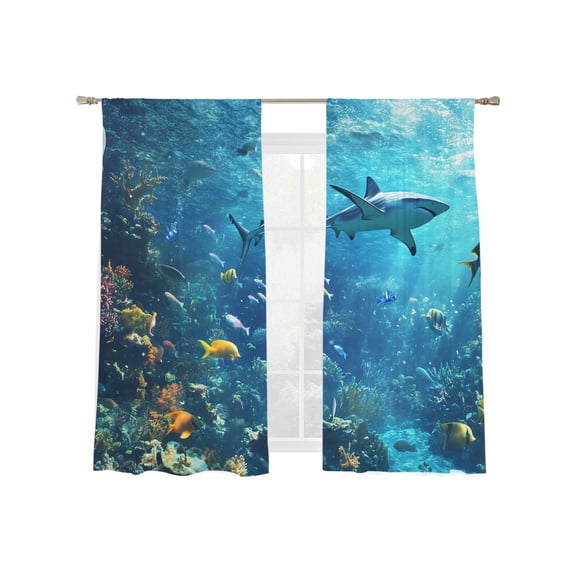 Ocean Shark Sheer Curtains 72 Inch Long 2 Panels, Underwater World Coral Fish Summer Fantasy Light Filtering Rod Pocket Semi Sheer Curtains, Sheer Voile Drapes for Living Room Bedroom, 52"x72"