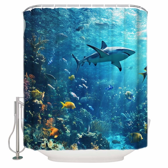 Ocean Shark Shower Curtain, 36" x 72", Underwater World Coral Fish Summer Fantasy Waterproof Bathroom Curtain Washable Shower Curtain Set with 12 Hooks