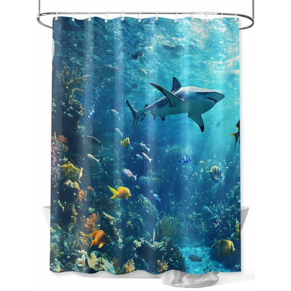 Ocean Shark Shower Curtain, Underwater World Coral Fish Summer Fantasy Waterproof Shower Curtain Set with 12 Hooks Lightweight Washable Fabric Shower Curtains for Bathroom 60x72 Inches