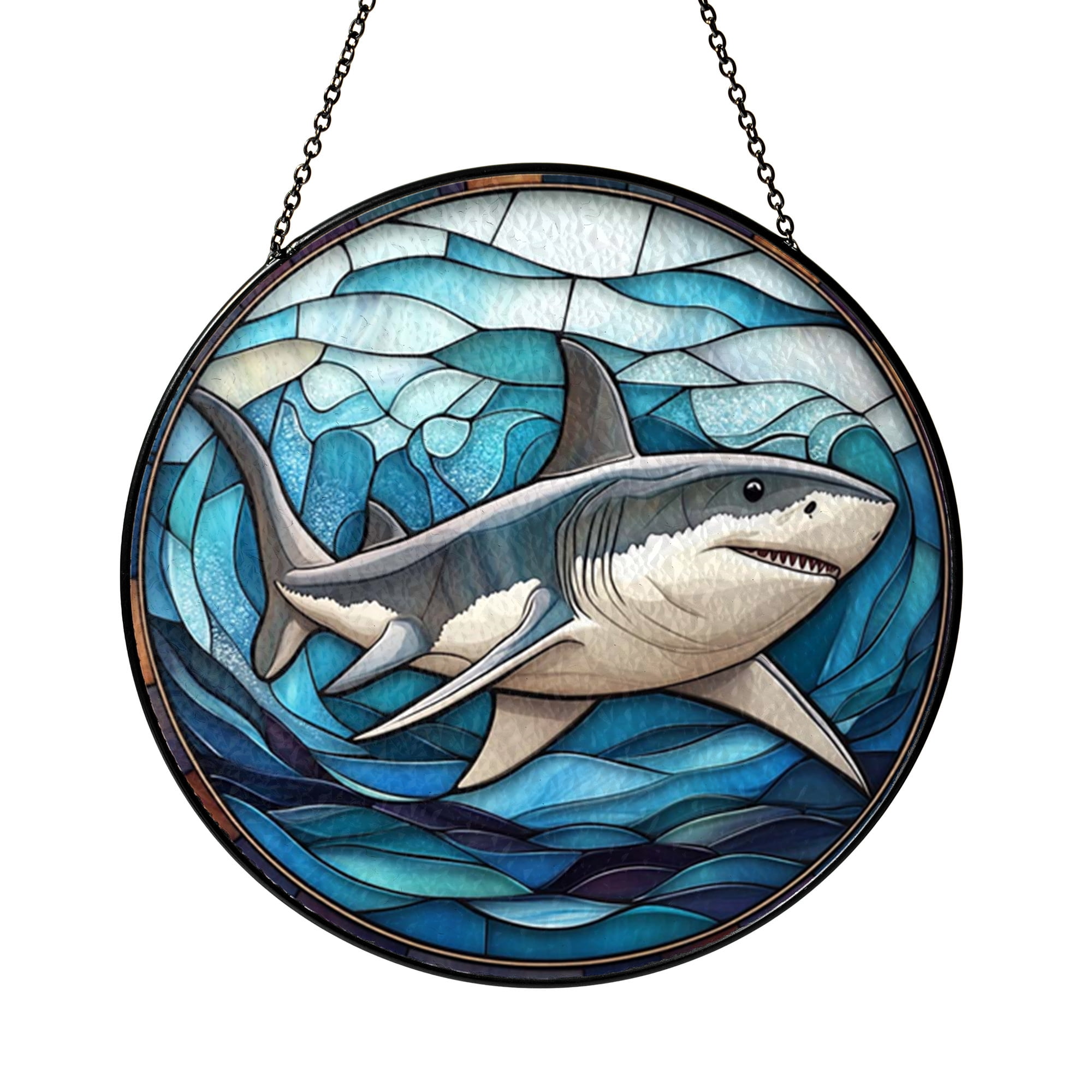 Ocean Shark Stained Glass Round Window Decor, Blue Marine Art Design ...