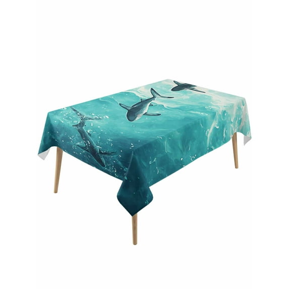 Ocean Shark Table Cloth, Teal Green Wave Summer Beach Coastal Waterproof Tablecloth for Rectangle Tables, Reusable Washable Fabric Table Cover for Restaurant Kitchen Dining Tables 54"x108"