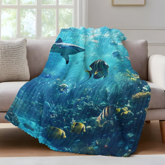 Ocean Shark Throw Blanket for Couch Underwater World Coral Fish Summer Fantasy Soft and Warm Flannel 3D Striped Fluffy Fuzzy Fleece Blanket Lightweight Throw for Bed, Sofa 30 x 40 Inches