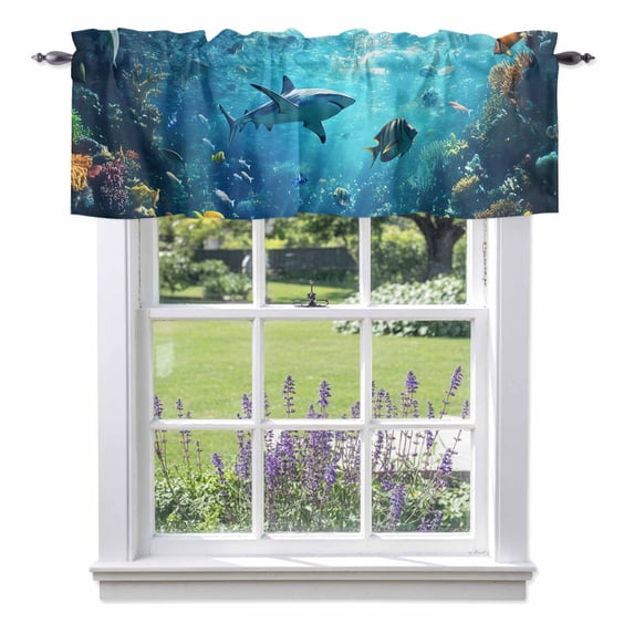 Ocean Shark Valance Curtain Underwater World Coral Fish Window Valances Rod Pocket Short Curtains Window Treatments for Kitchen Bedroom Bathroom Laundry 60" x 14"