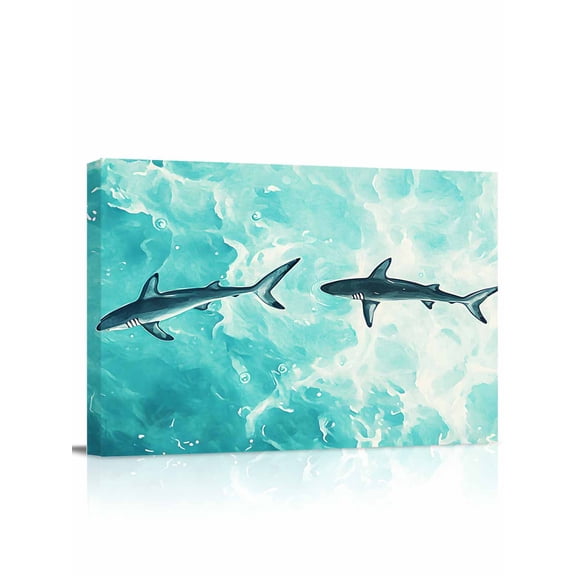 Ocean Shark Wall Art for Living Room,Canvas Picture Wall Decor for Bathroom Bedroom,Teal Green Wave Summer Beach Coastal Painting Artwork for Office Kitchen Hallway Dining Room Home Decor 12"x16"
