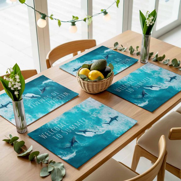 Ocean Shark Welcome to Summer Text Placemats Set of 4,Wipeable Washable Table Mats for Dining Tables, Watercolor Marine Theme Place Mats for Kitchen Event Party Tabletop Decor