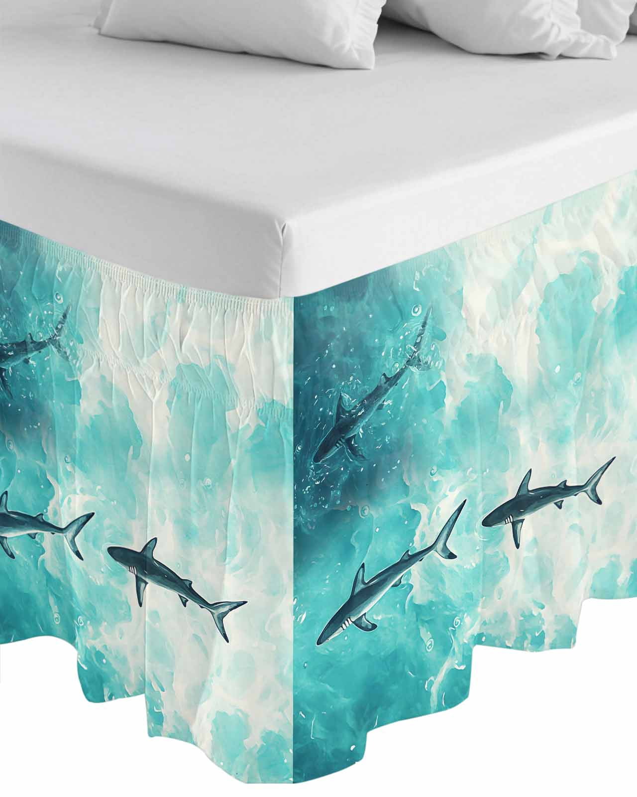 Ocean Shark Wrap Around Bed Skirts for Queen Bed 16" Drop, Bed Skirt with Adjustable Elastic Belt Dust Ruffle Bed Valance for Bedroom Hotel Luxury Teal Green Wave Summer Beach Coastal Bed Frame Cover