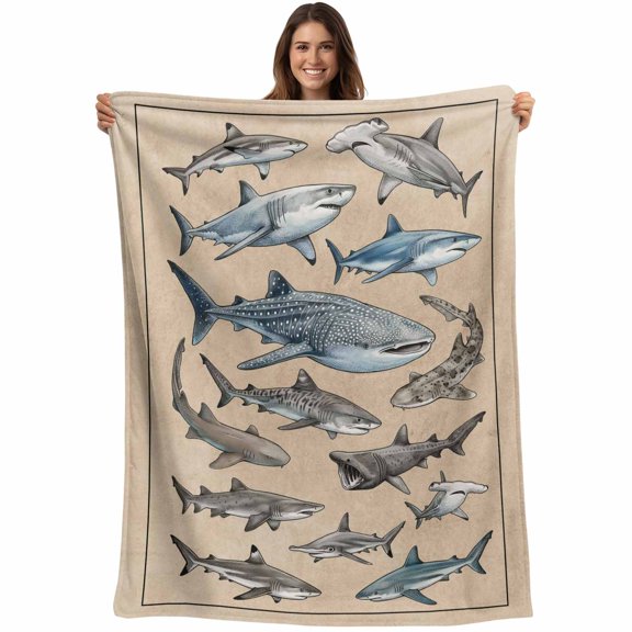 Ocean Sharks Blanket Soft Cozy Warm Throw Blanket for Couch, Plush Fuzzy Flannel Fleece Blankets for Sofa, Vintage Coastal Underwater Animals Brown Bed Blankets Lightweight Gifts for Women, 50"x60"