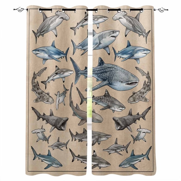 Ocean Sharks Kitchen Curtains Vintage Coastal Underwater Animals Brown Cafe Short Curtains for Bathroom Blackout Window Curtain Grommet Small Window Treatment Drapes for Bedroom Living Room 42"x45"x2