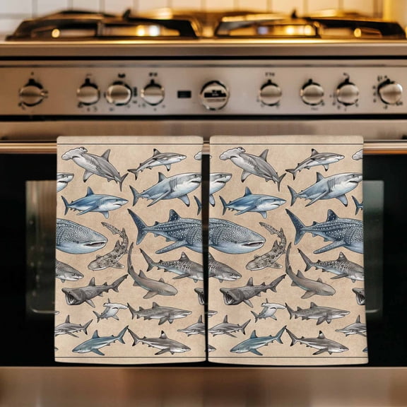 Ocean Sharks Kitchen Towels Set of 1, Vintage Coastal Underwater Animals Brown Absorbent Dish Towels for Kitchen, Microfiber Hand Towel, Quick Drying Tea Towel for Cleaning Decorative Dishcloths