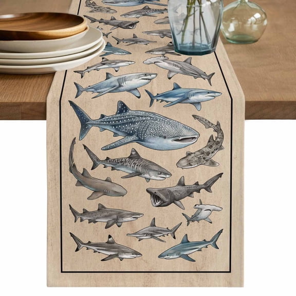 Ocean Sharks Table Runner, Vintage Coastal Underwater Animals Brown Washable Cotton Linen Table Runners 48 Inches Long, Dresser Scarf Runner for Nightstand/Coffee/End Tables 13''x48''