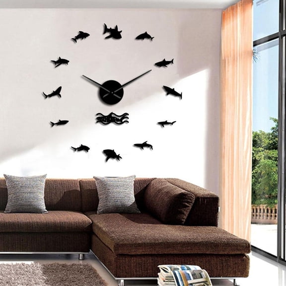 Ocean Sharks Wall Art DIY Wall Stickers Giant Wall Clock Nautical Decor Great White Shark Frameless Kid Bedroom Large Wall Clocks(Black,27inch)