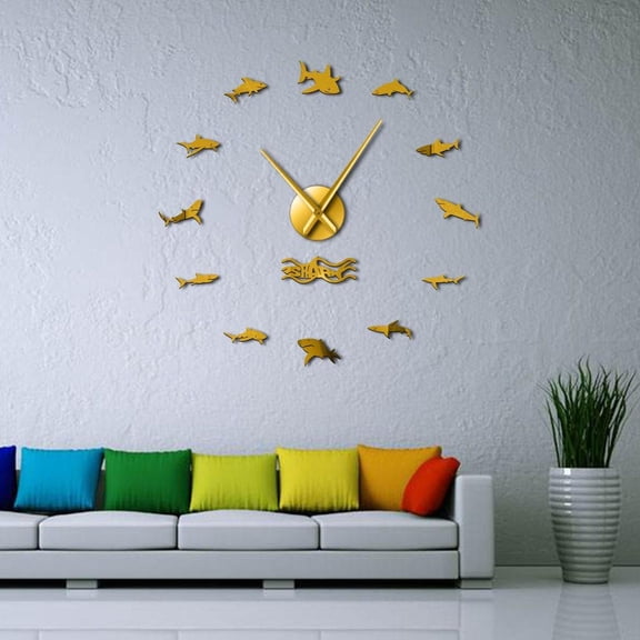 Ocean Sharks Wall Art DIY Wall Stickers Giant Wall Clock Nautical Decor Great White Shark Frameless Kid Bedroom Large Wall Clocks(Gold,27inch)