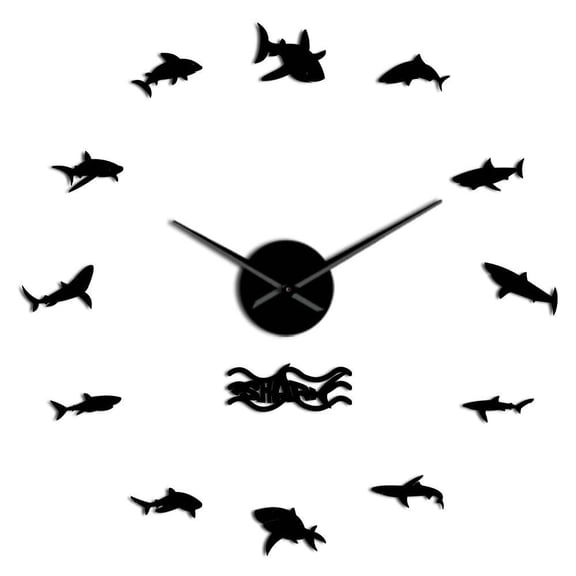 Ocean Sharks Wall Art DIY Wall Stickers Giant Wall Clocks Nautical Decor Great White Shark Frameless Kid Bedroom Large Wall Clock(Black,27inch)