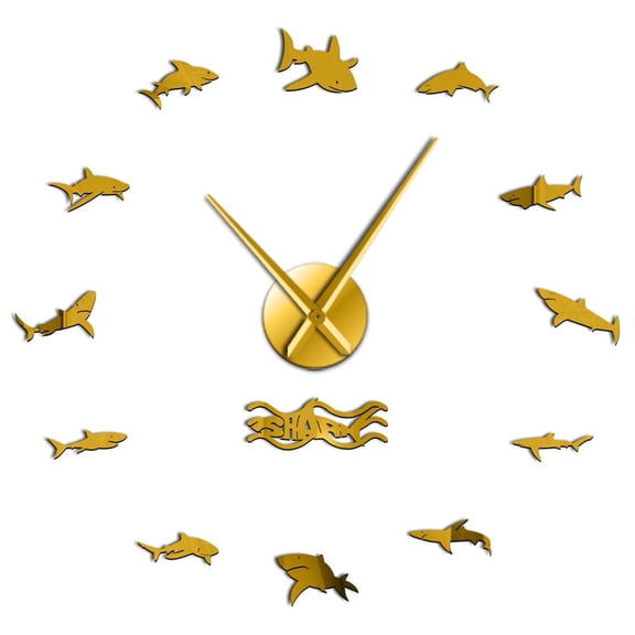Ocean Sharks Wall Art DIY Wall Stickers Giant Wall Clocks Nautical Decor Great White Shark Frameless Kid Bedroom Large Wall Clock(Gold,37inch)