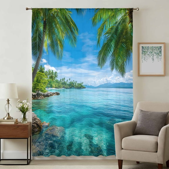 Ocean Sheer Curtains 45 Inches Long, Blue Sky Palm Tree Beach Scenery Forest Shore Light Filering Curtains, Breathable Simi Curtain Privacy Drapes for Kitchen Bathroom Small Window Treatment