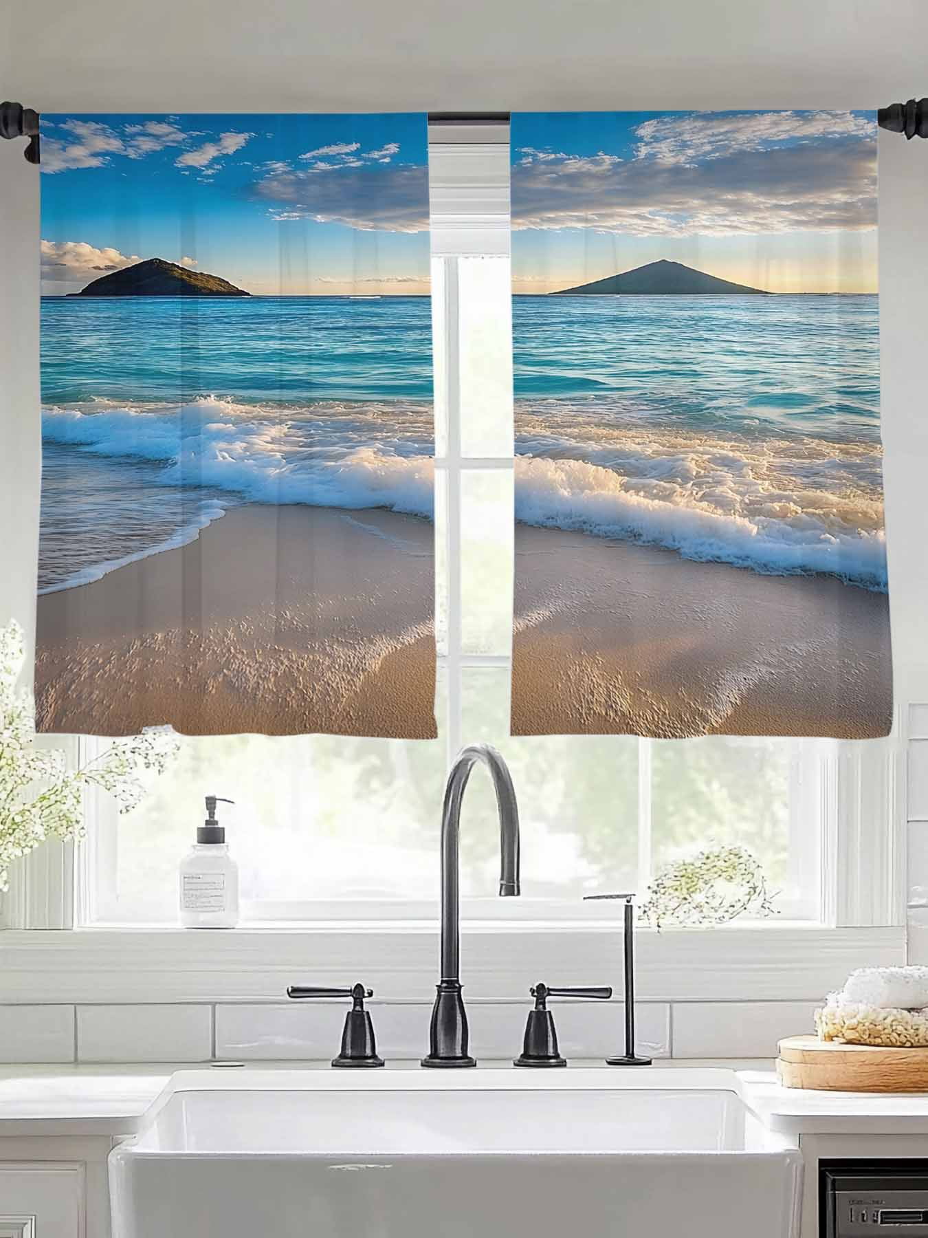 Renaiss Seaside Beach Blackout Curtains - Ocean Waves Palm Tree Design, 2 Panels 53x84 Inches, Grommet Top