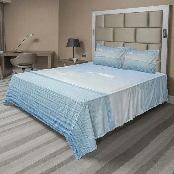 Ambesonne Blue White Fitted & Top Sheet Set with Shams, Tropical Landscape, Blue White