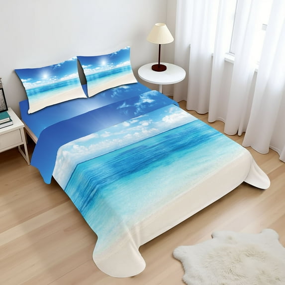 Ambesonne Coastal Fitted & Top Sheet Set with Shams, Caribbean Summer Sea, Cream Turquoise White