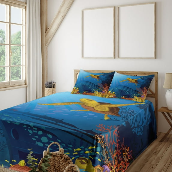 Ambesonne Ocean Fitted & Top Sheet Set with Shams, Coral Reef Fish Turtle, Yellow Orange Navy