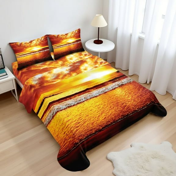 Ambesonne Ocean Fitted & Top Sheet Set with Shams, Colorful Sunset Summer, Brown Yellow