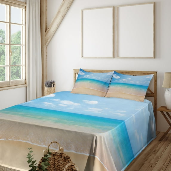 Ambesonne Nature Fitted & Top Sheet Set with Shams, Tropical Sea Coast Sky, Cream Blue