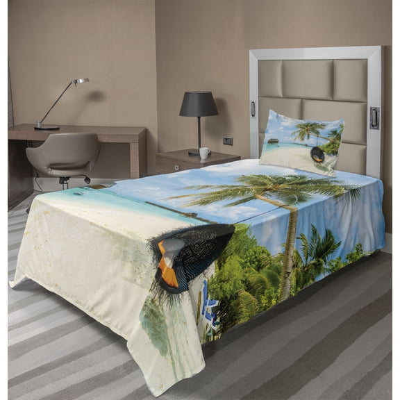 Ambesonne Colorful Fitted & Top Sheet Set with Sham, Exotic Maldives Sea, Multicolor