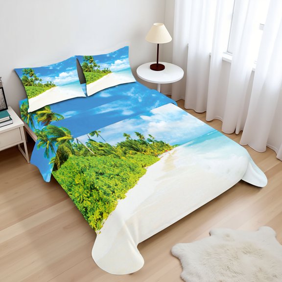Ambesonne Ocean Fitted & Top Sheet Set with Shams, Beach Sea Exotic Palms, Blue Green Cream