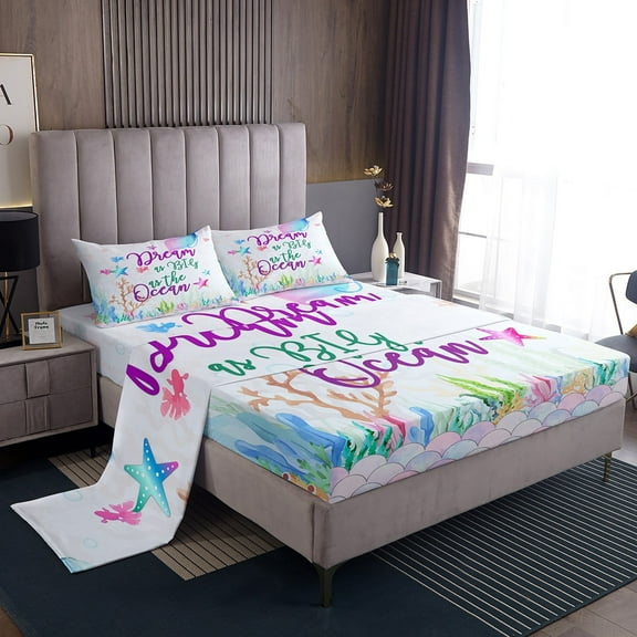 Ocean Sheet Set Twin, Starfish Jellyfish Sheets Teens Bedroom Decor, Coastal Creature Sean Animal Bed Sheets Set Underwater World Bedding Set Ocean Decor